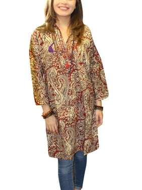 Mogul Women's Maroon Cotton Long Tunic Paisley Print Boho Style Kurti Dress S