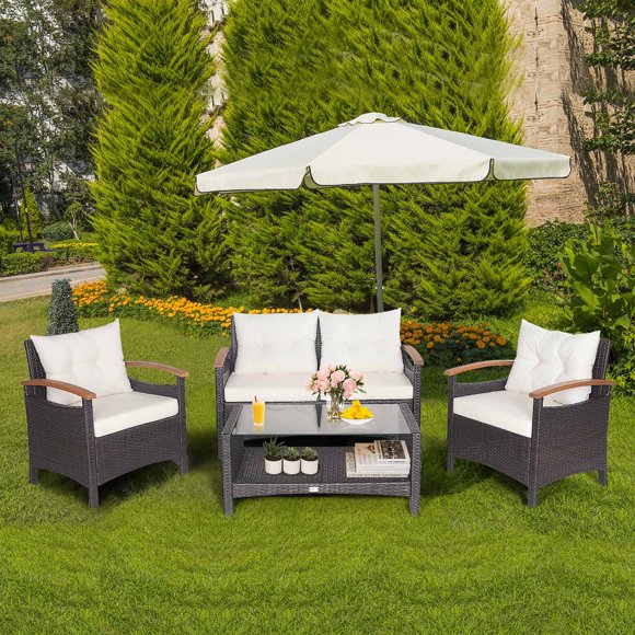Costway Ensemble de Mobilier de Patio en Rotin 4 Pcs Canapé Coussiné Table de Rangement Blanc Cassé