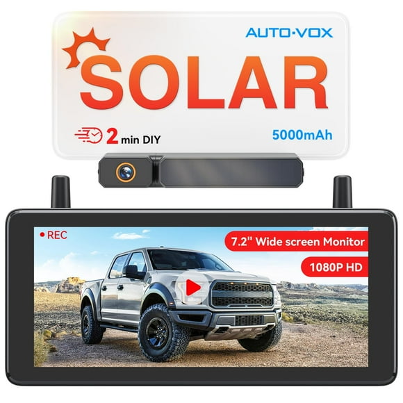 AUTO-VOX 7.2&quot; DVR Portable Solar Wireless Backup Camera:HD 1080P 2 Min Quick Installation Support 2 Split Screen Back up Camera, IP69K Waterproof Reverse Camera for Car,