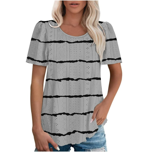 Plebaso T-shirts à Oeillets pour Femmes, Rayés, Manches Courtes, Décontractés, Col Ras du Cou, Mode Été, Chemisiers, Hauts