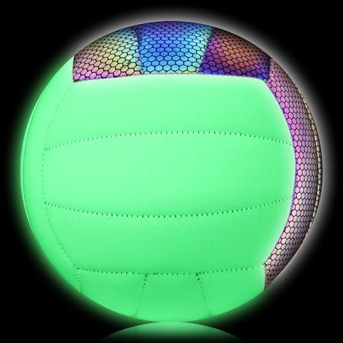 Glow in The Dark Volleyball Size 5, Reflective Glowing Leather Volleyballs -Gift for Kids, Men, Women Indoor Outdoor Night Volleyball