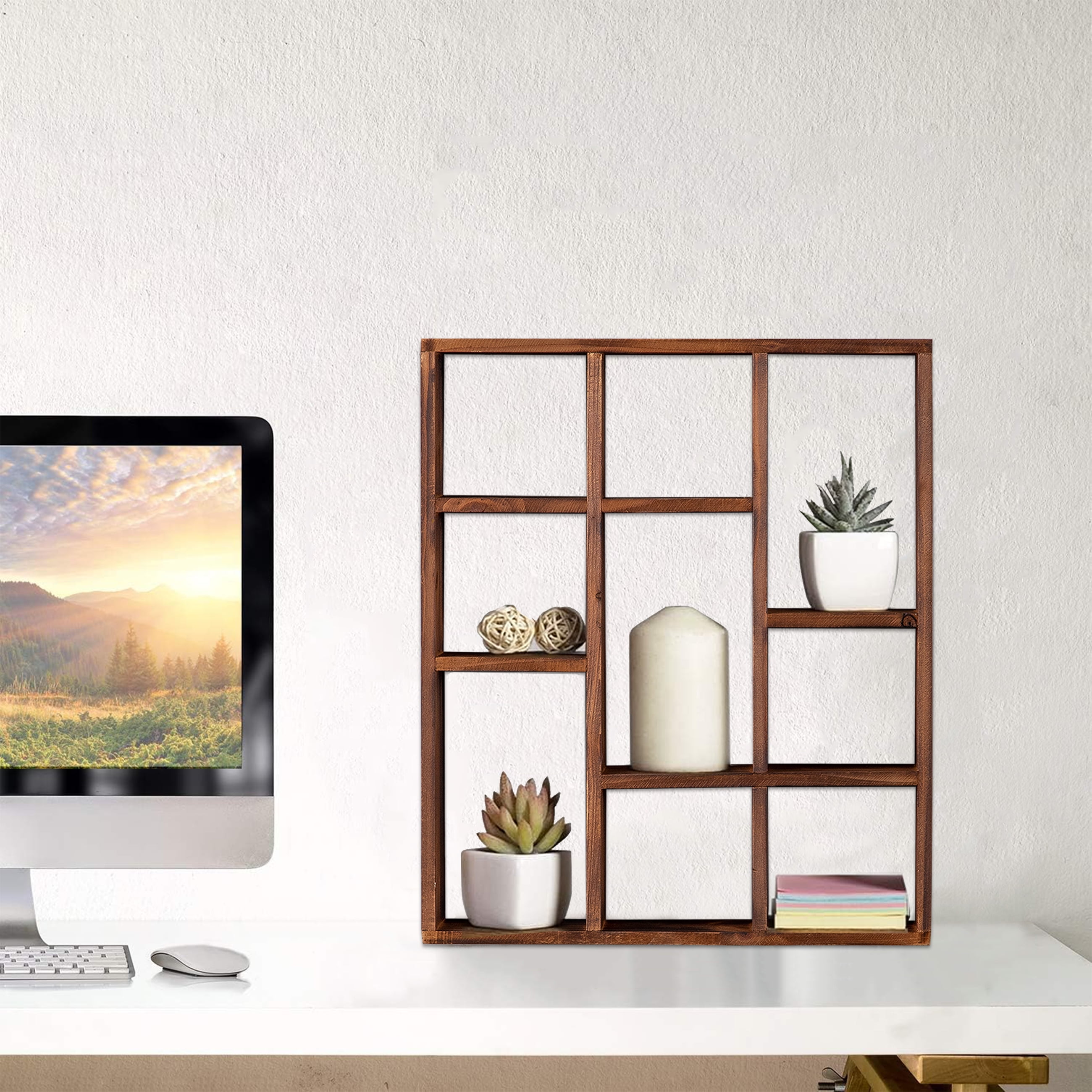 SOFE Rustic Brown 9-Cube Shelves for Wall Floating Shelves, Compartment Large Shadow Box Frame, Wall Mounted Curio Cabinet, Shadow Box with Shelves, Knick Knack Display Shelf