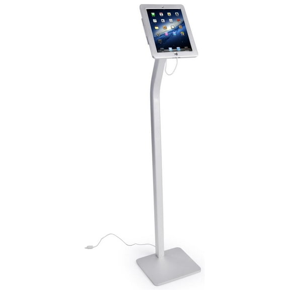 iPad Display Stand, 48" Tall, Locking Enclosure, Integrated Charging; Tilts and Rotates; Silver Aluminum, Weighted Base (IPD5YDSLV)