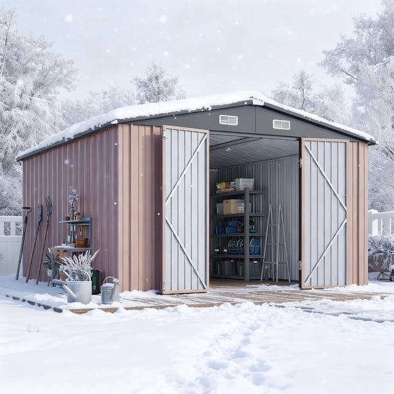 Clouddwell 10 x 12FT Shed Outdoor Storage Shed with Double Hinged Large Door, Large Metal Shed with Lockable Door & Sloped Roof for Garden, Patio and Backyard, Brown