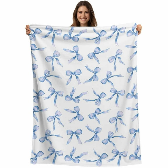 Flannel Fleece Throw Blanket Watercolor Blue Bow Lightweight Soft Plush Blankets,Romantic Style Cozy Warm Throw Blanket for Couch Sofa Bed Car Office All Season Use 40x50in