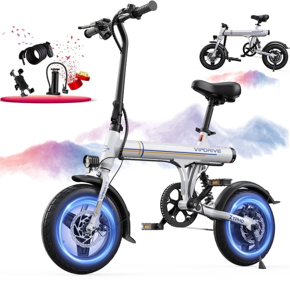 VIPDRIVE Electric Bike, 14" Folding EBike for Adults, 500W Peak Motor, 36V 7.8Ah Removable Battery, 20MPH City Commuter E-Bike, Mini Ebike, LCD Display, UL2849