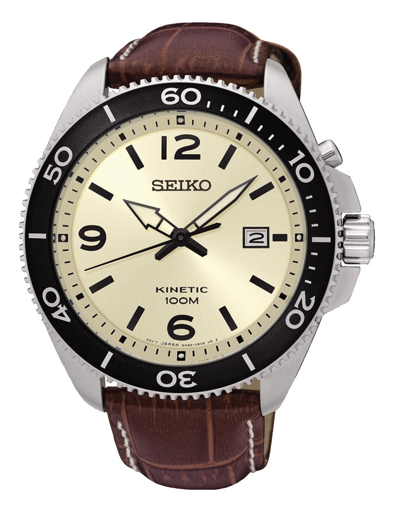 Seiko Kinetic Satin Cream Dial Divers Style With Leather Buckle Strap  SKA749P1