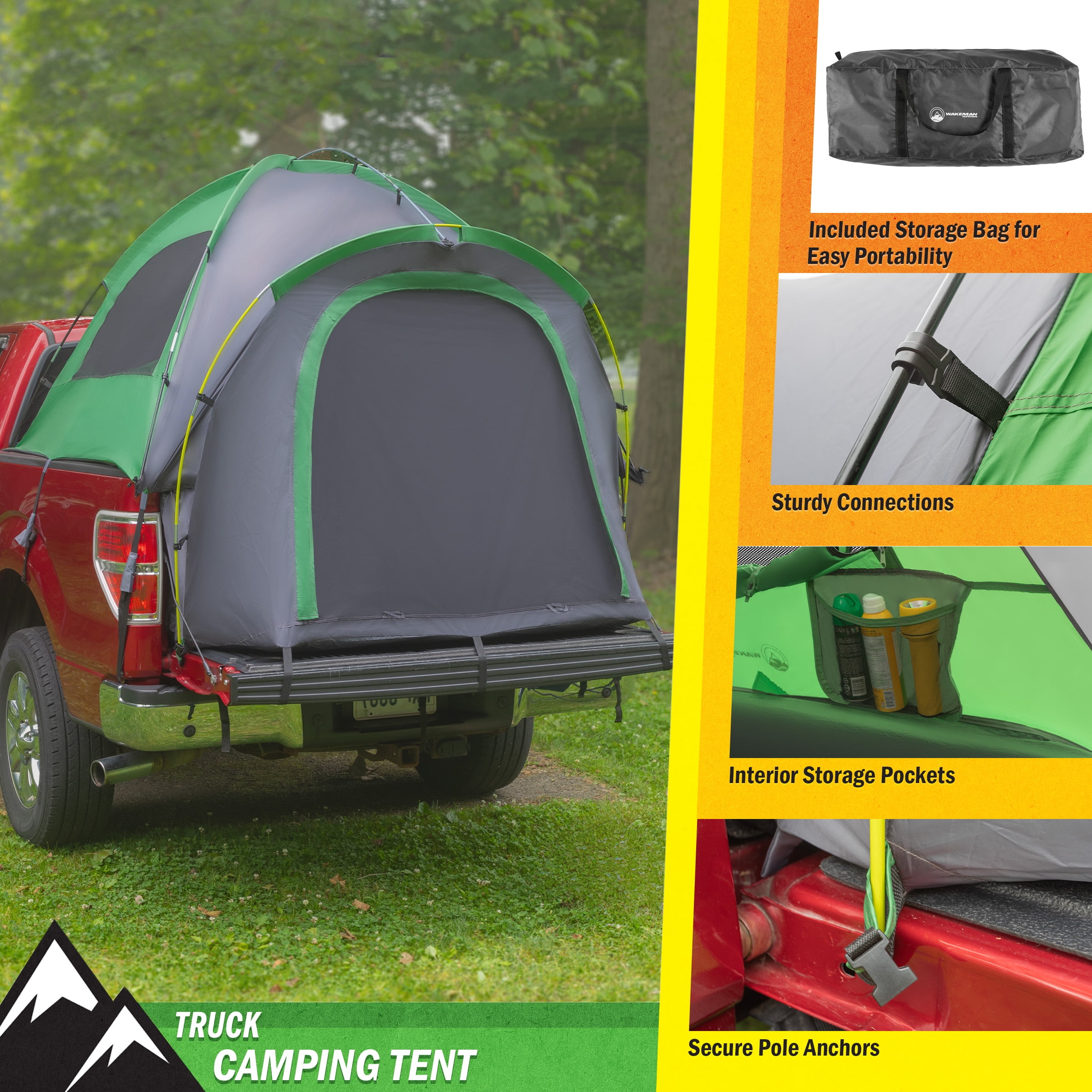 Wakeman Outdoors Water-Resistant Truck Bed Tent for 2-Person, Green, Fits 5.5-6 ft Truck Beds