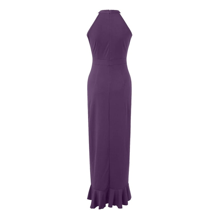 FINALGANG Women's Solid Color Sleeveless Maxi Dress Turtleneck Asymmetric  Ruffled Hem High Slit Dress Formal Party Prom Daily Dress