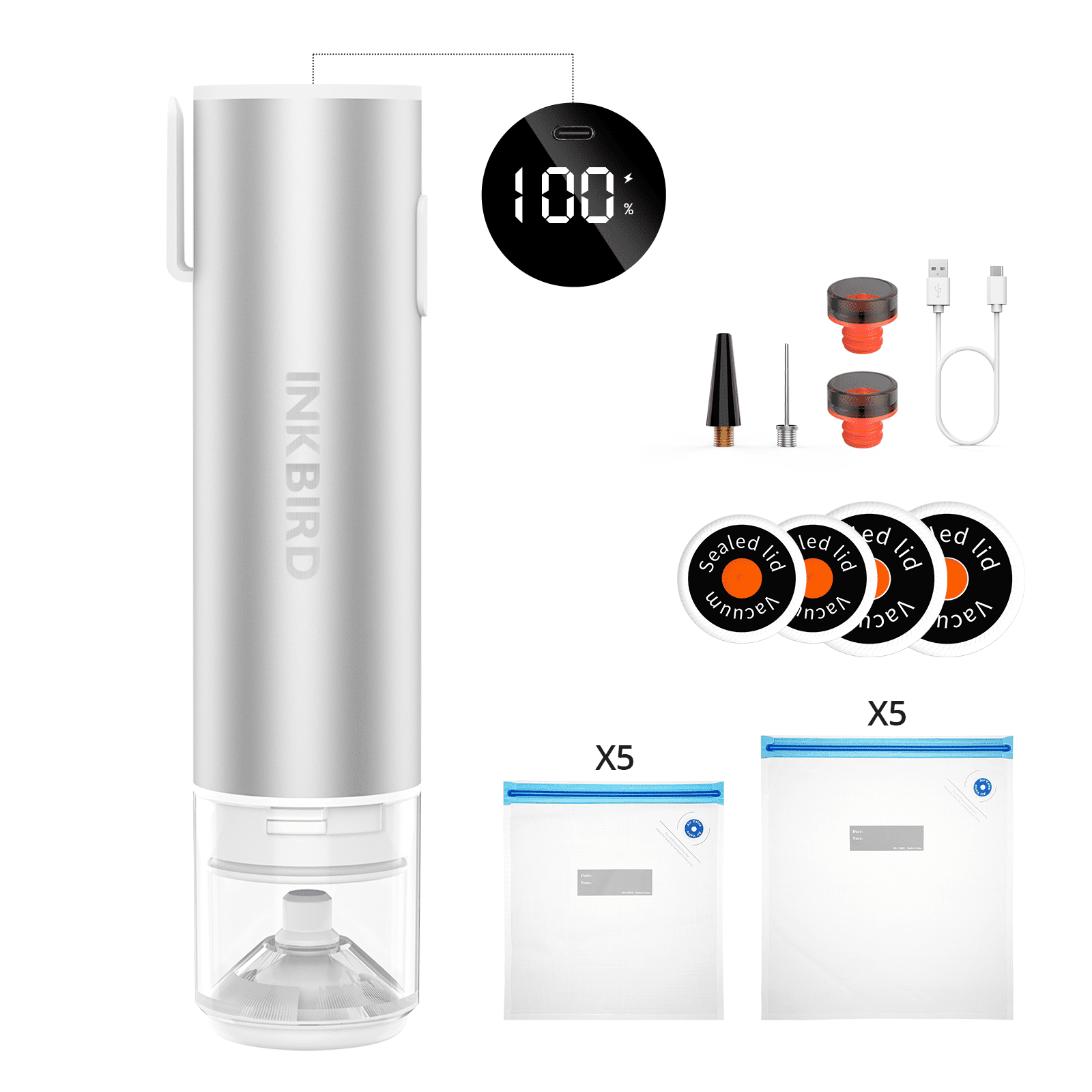 INKBIRD KZ-100 Handheld Vacuum Sealers, Silver with Removable Water Collector and Jar Sealer Kit