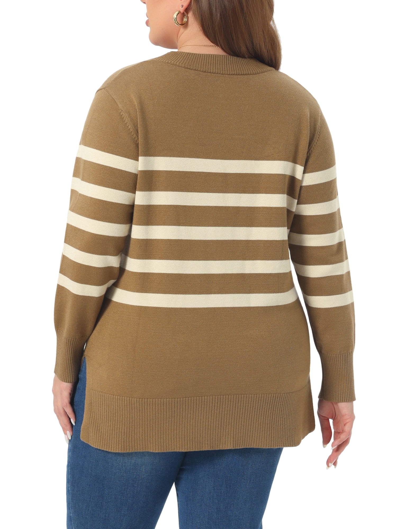 DARING DIVA Women's Plus Striped Long Sleeve Crewneck Pullover Sweater 2X Camel