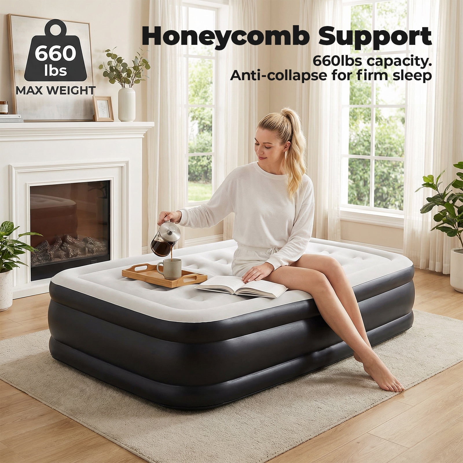 Alvantor Air Mattress, Built-in Pump, Fast Inflation, 660lbs Support, Comfort Flocking Top,Twin/Queen 16/18/22 in Black