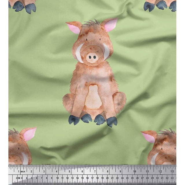 Soimoi Green polyester Crepe Fabric Pig Animal Print Fabric by the Yard 42 Inch Wide