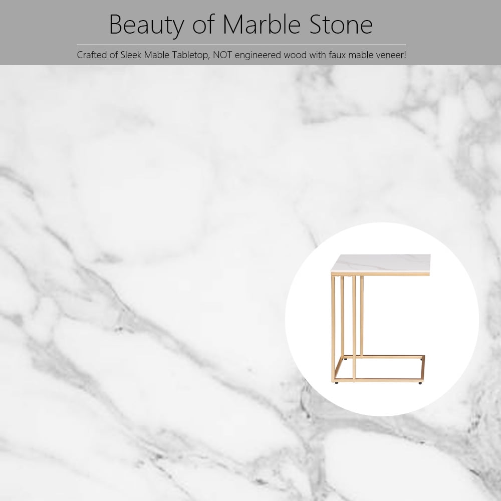 Abble Marble Top C-Table Accent Side End Table with Gold Metal Base