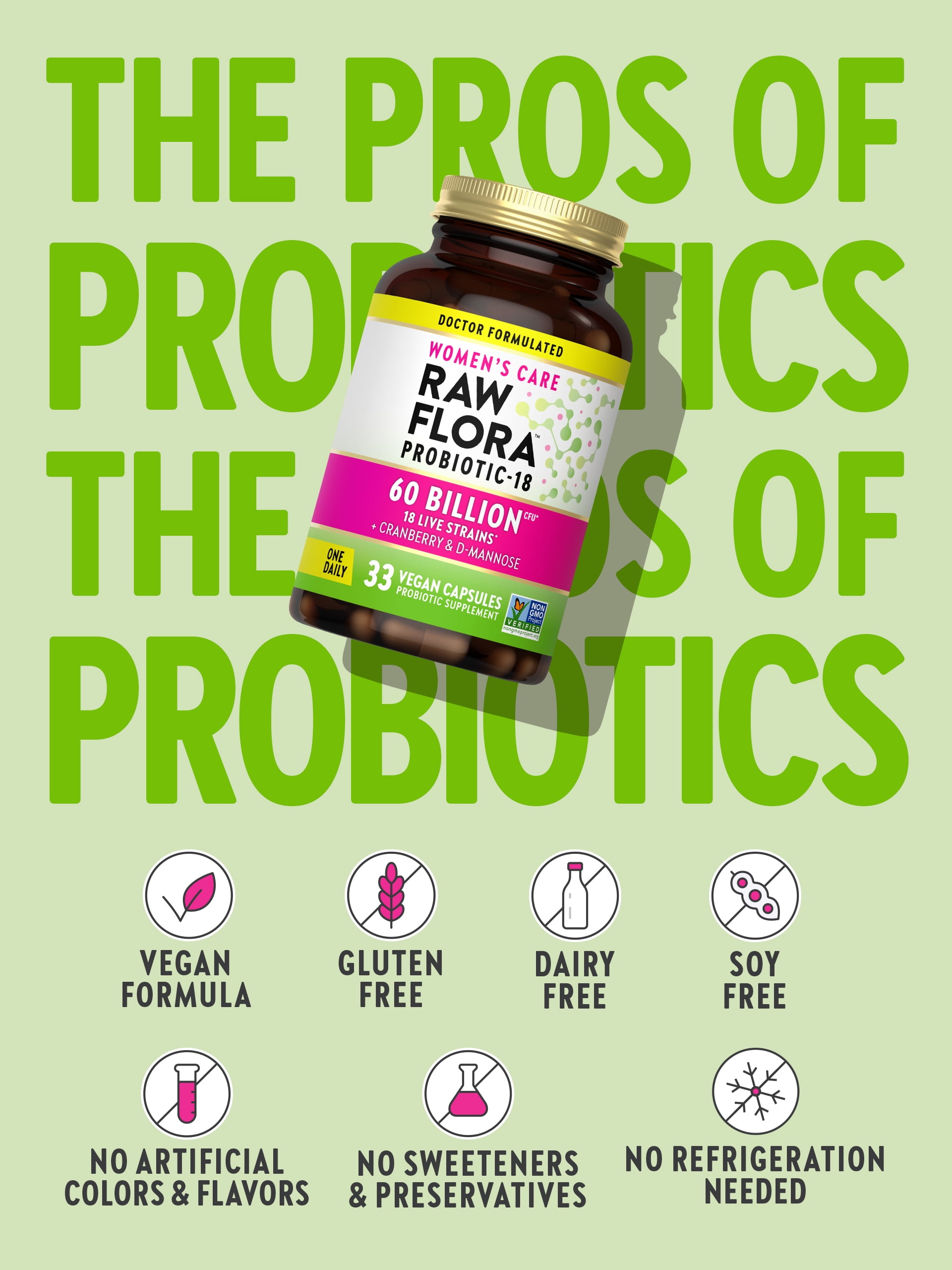 Raw Flora Probiotics for Women | 60 Billion CFU | 33 Capsules | with Cranberry & D-Mannose | by Nature's Truth