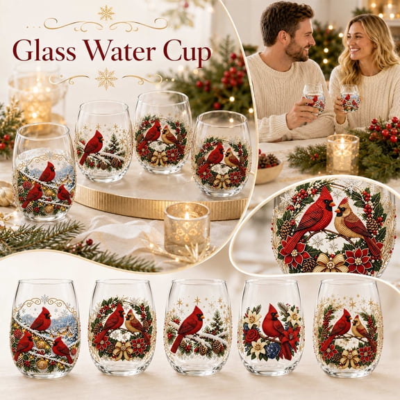 Christmas Mug Clear Glass Double Wall 15 Oz Festive Cardinal Holly Winter Design for Coffee Tea Hot Cocoa Clear Mug Holiday Gift Mug Single Pack