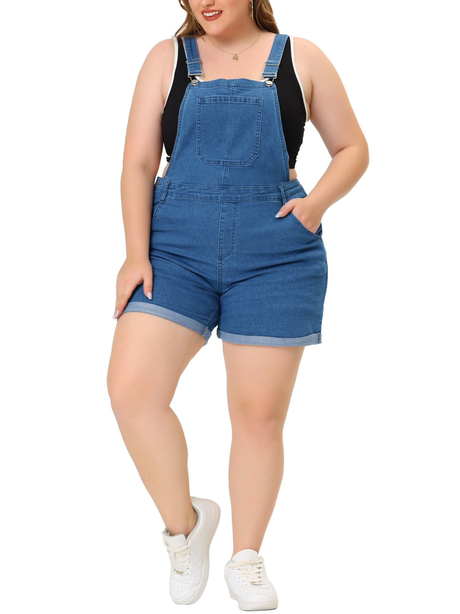 Agnes Orinda Juniors' Plus Size Roll Hem Jeans Tapered Overalls Short