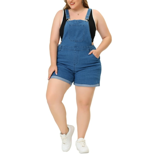 Overoles cortos de mezclilla para mujer de tallas grandes Agnes Orinda, con dobladillo enrollado y bolsillo, 5X, azul mezclilla