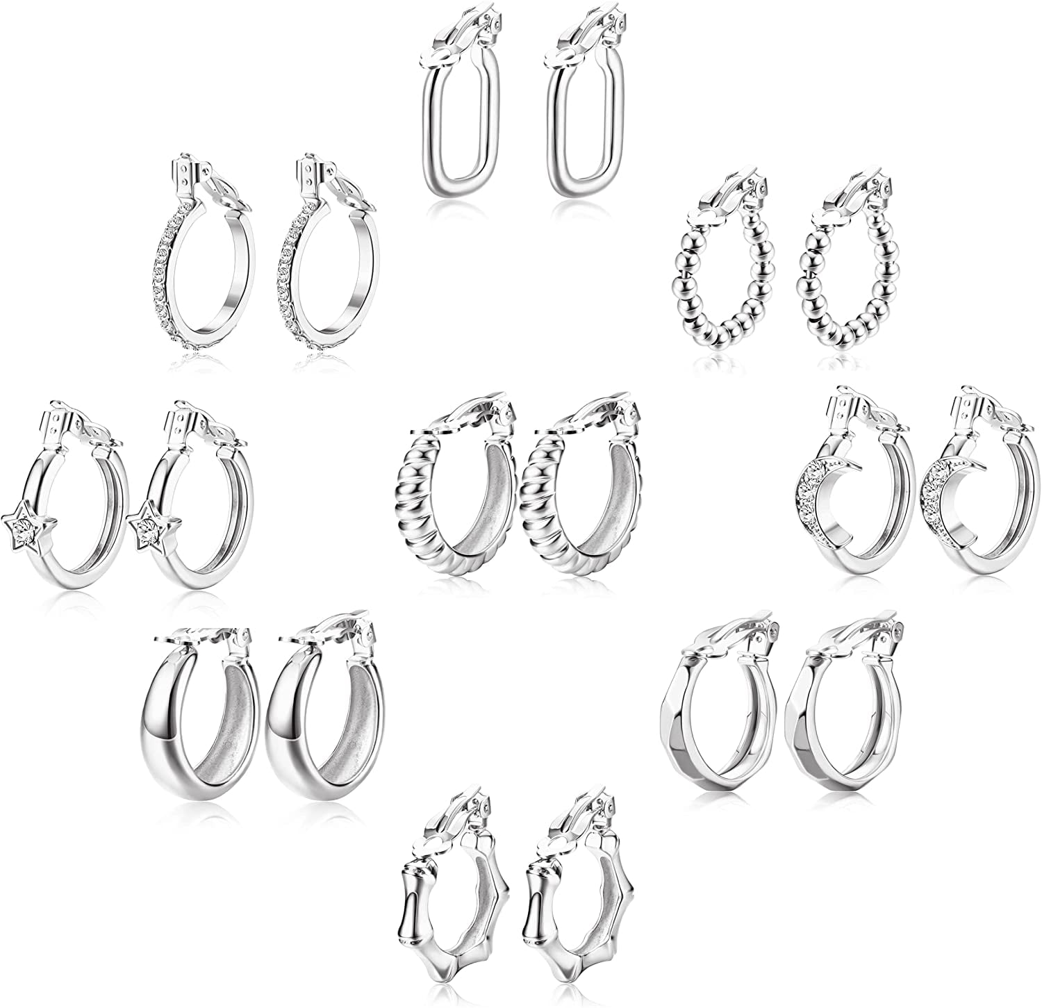 Jstyle 9Pairs Clip on Hoop Earrings for Women Men Croissant Hoop