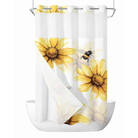 No Hook Cloth Fabric Shower Curtain with Snap in Liner, Spring Bees Waterproof Shower Curtains Set with See Through Top Window, Sunflower White Vintage Botanical Art Bath Curtains Shower 36"x78"