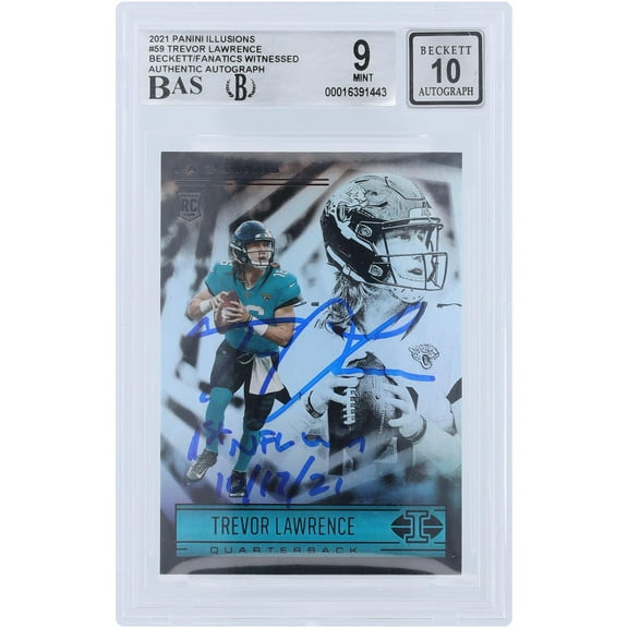 Trevor Lawrence Jacksonville Jaguars Autographed 2021 Panini Illusions #59 Beckett Fanatics Witnessed Authenticated 9/10 Rookie Card with "1ST NFL Win 10/17/21" Inscription - Fanatics Authentic