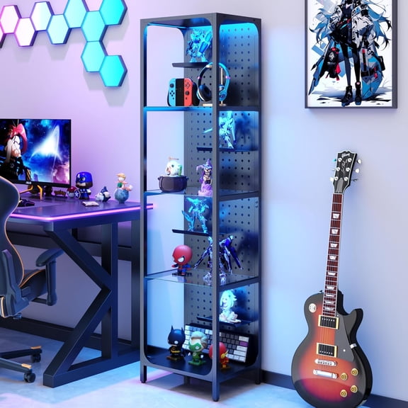 Black 59" Display Case with LED Lights, 4-Tier Glass Shelf Curio Cabinet for Collectibles