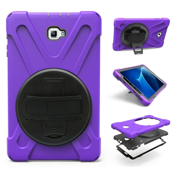 Dteck Case For Samsung Galaxy Tab A 10.1 2016 Model SM-T580 T585 (No S Pen), Heavy Duty Three Layer Rugged Hybrid Shockproof Case with 360 Rotating Stand / Hand Strap (No Shoulder Strap), Purple