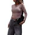 thumbnail image 1 of Camisetas de Larga con Cuello Redondo para Mujer, Estilo Casual y Ajustado, de Color Liso. Ropa Básica de Otoño. Rosa S, 1 of 7
