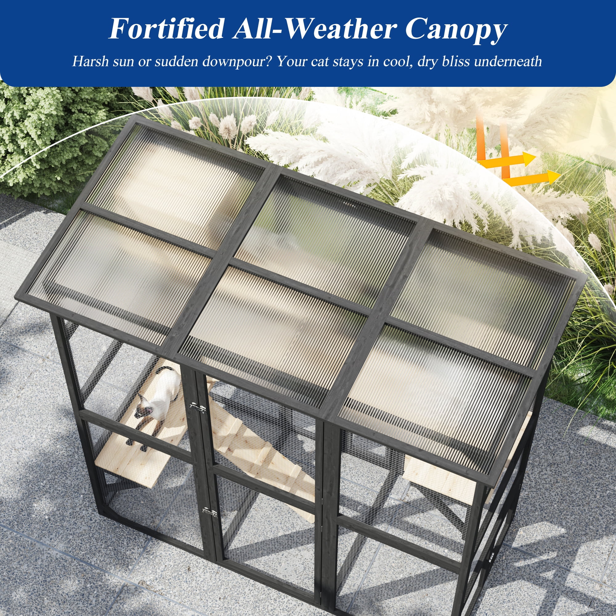 ANPOO 71''Luxury Walk-In Outdoor Catio, Large Wooden Cat Enclosure with Sloped Weatherproof Roof, Multi-Level Cat House with Cat Condo, Sisal Post & Ramps, Escape-Proof Cat Cage for Multiple Cats
