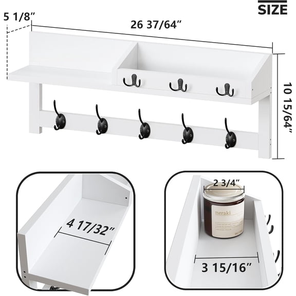 Wall Hooks with Shelf, 26.57 Inch Entryway Wood Coat Hooks for Wall, Coat Rack Wall Mount with 5 Dual Hooks 3 Key Hooks Mail Organizer and Key Rack Holder (White)