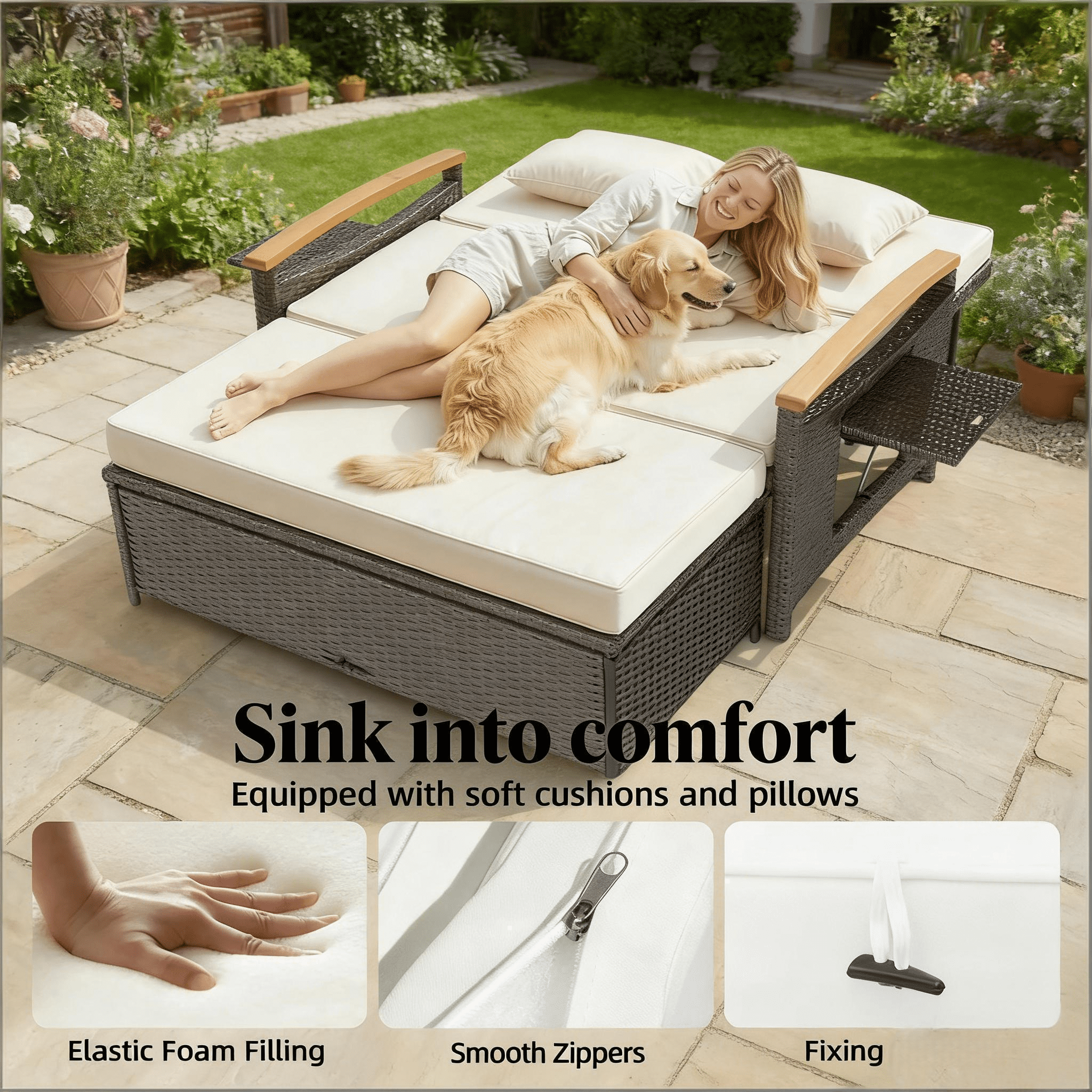 4-in-1 Rattan Outdoor Daybed with 4-Level Adjustable Backrest, Storage Ottoman and Side Tables