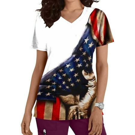

EGNMCR Scrub Tops for Women American Flag Short Sleeve 4th of July Workwear V Neck Funny Holiday Medical Scrub Tops with Pockets - Summer Savings Clearance