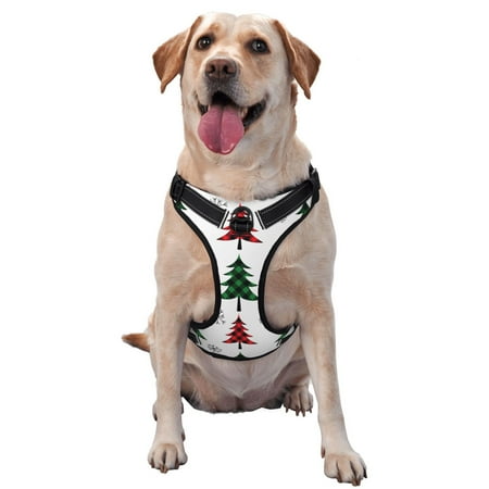 Junzan Buffalo Plaid Christmas Trees Pattern Dog Harness - Lightweight Soft Adjustable Small Harness And Leash Set-Large