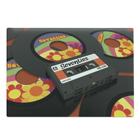 

70s Party Cutting Board Compact Cassette Player and Some Vinyl Records with Seventies Text Retro Decorative Tempered Glass Cutting and Serving Board Large Size Multicolor by Ambesonne