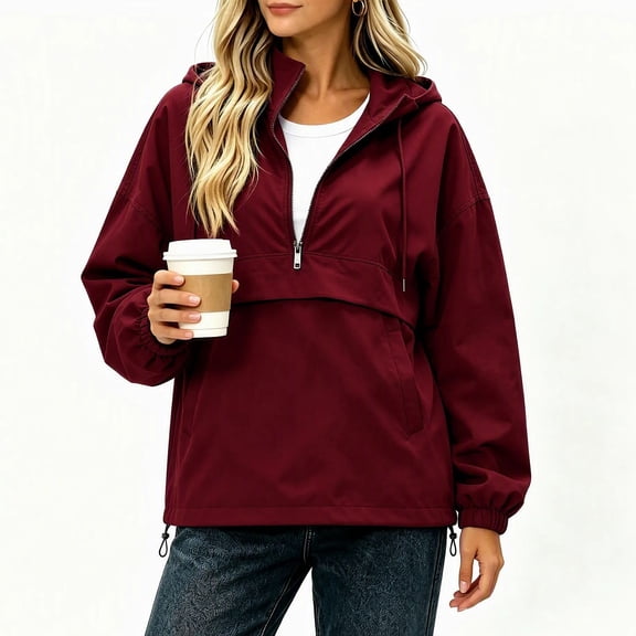 vdgthytj Rain Jacket Womens Half Zip Long Sleeve Hooded Drawstring Bottom Waterproof Hiking Outdoor Pullover Outerwear(X-Large,Wine)