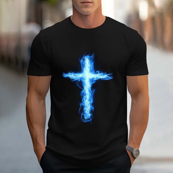 Dolkfu T Shirts for Man The Cross Crew Neck Short Sleeve Black Tops Western Cross Printed T-Shirts Mens Dress Shirts
