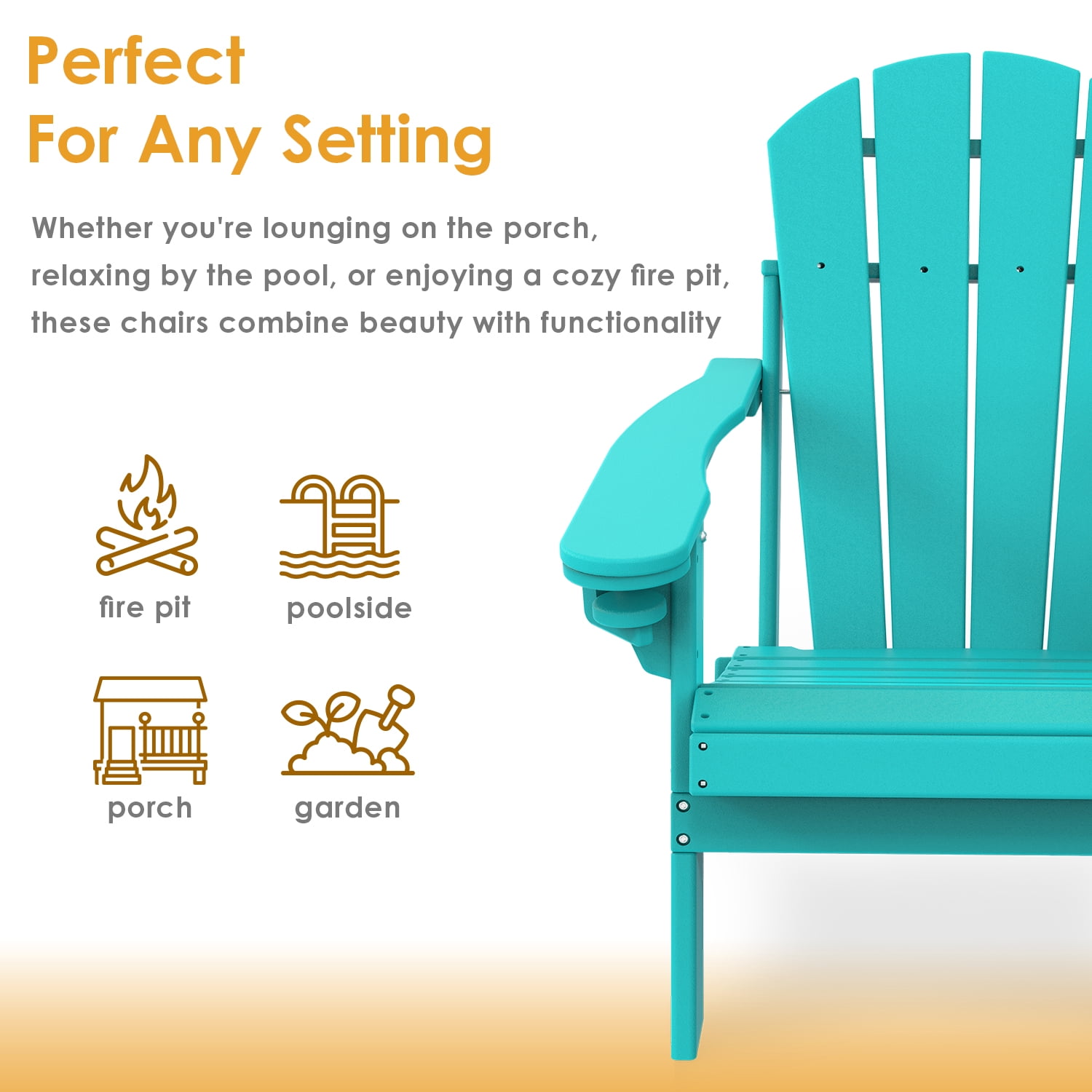 Pipopa Outdoor Folding HDPE Adirondack Chair Set of 2 with Cup Holder,All-Weather Patio Chair for Garden,Backyard,Pool,Aqua