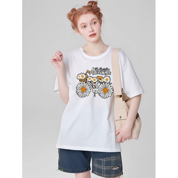 Flower Graphic Round Neck Sports Top, Short Sleeves Running T-shirt Top, Women's Activewear graphicFCamisetas para mujer, lindas camisetas con estampado gráfico, de manga corta, estilo casual, para ve