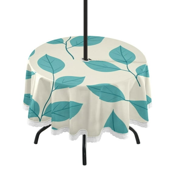 60" Outdoor Round Tablecloth with Umbrella Hole & White Lace Trim Waterproof Patio Table Cover for Garden, Kitchen, Dining Turquoise Leaf