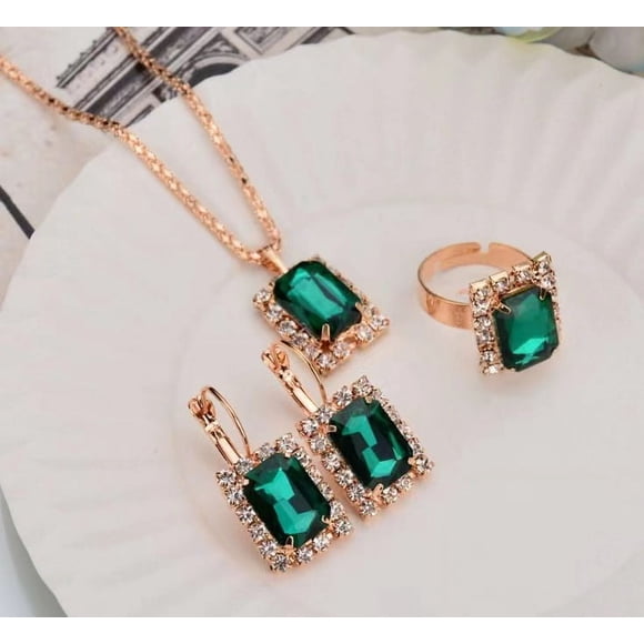 Nvzi Conjunto de joyas de diamantes de imitación con forma de gota de agua a la moda, collar con colgante de gota de agua retro, pendientes de botón, conjunto de joyas para madre, novia, boda, verde A