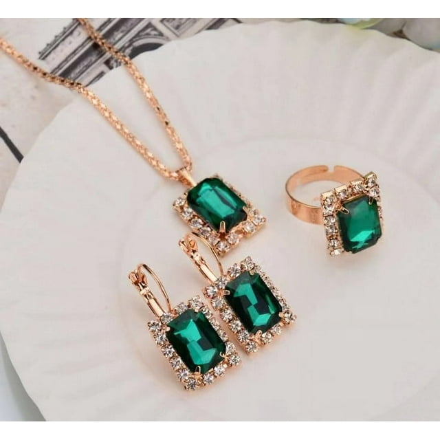 Nvzi Conjunto de joyas de diamantes de imitación con forma de gota de agua a la moda, collar con colgante de gota de agua retro, pendientes de botón, conjunto de joyas para madre, novia, boda, verde A