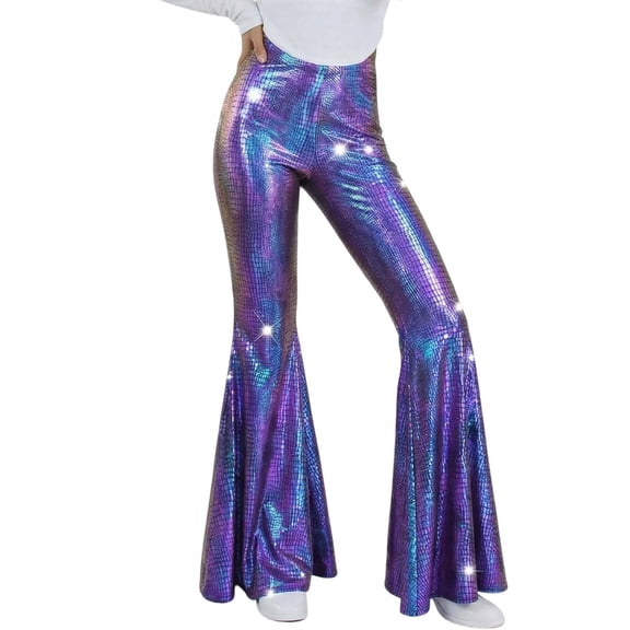 Idoravan Sequin Flare Pants Sparkly Glitter High Waisted Bell Bottoms Leggings Party Disco Clubwear for Women Women's High Elasticity High Waist Shiny Leather Skinny Pants