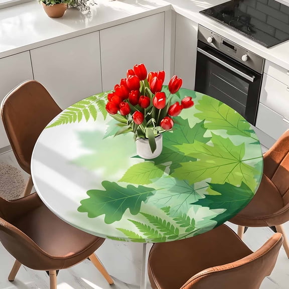 Rustic Botanical Elastic Fitted Round Tablecloth Spring Green Leaf Waterproof Outdoor Table Cover for Holiday Party, Picnic, Patio & Dining Fits Tables Up to 36"-44"