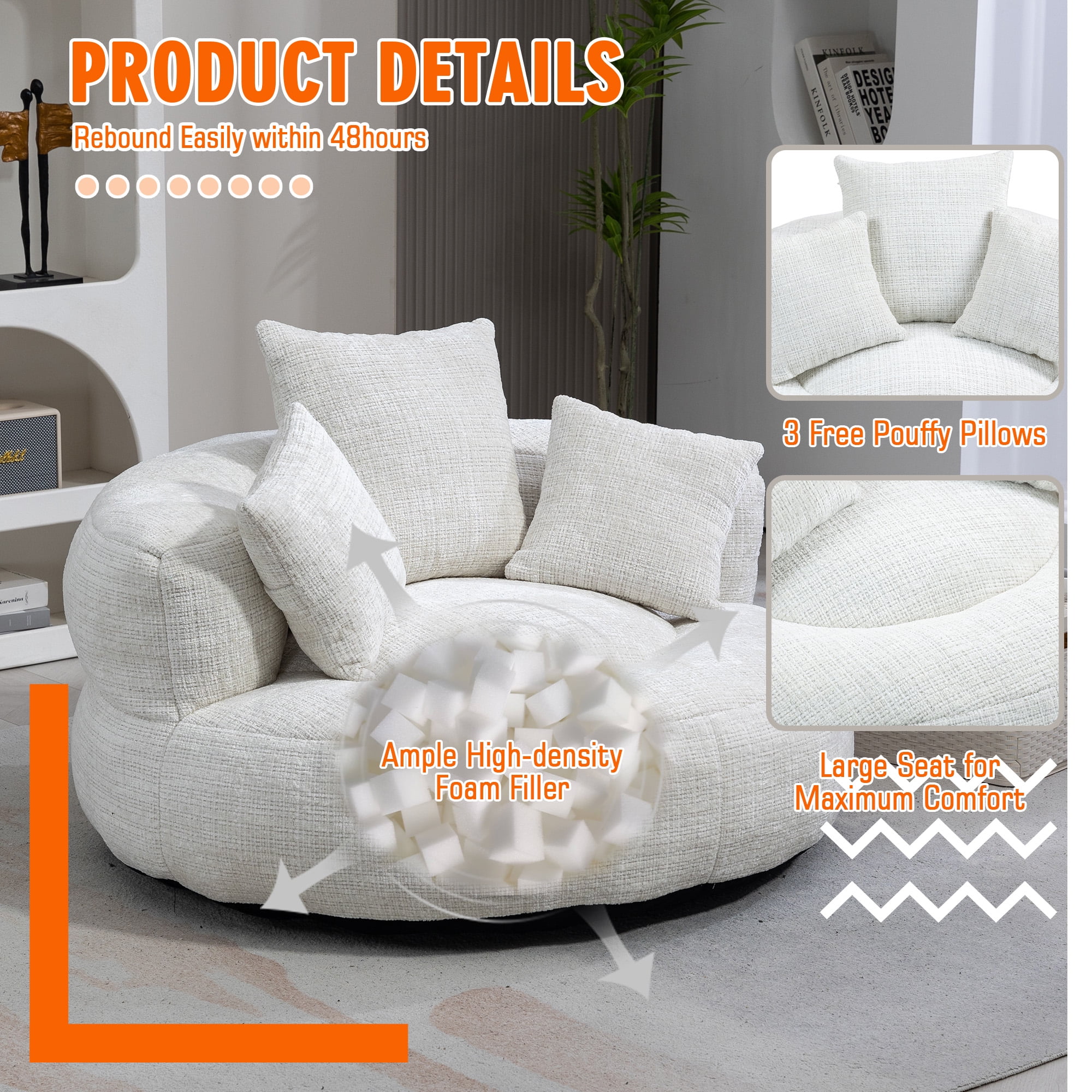 42.5''W Chenille Bean Bag Chairs, Chenille Soft Lazy Sofa Chair, Bean Bag Chair For Adults & Kids To Gaming,Reading,And Watching TV,Living Room, Bedroom,Office Room(Beige)