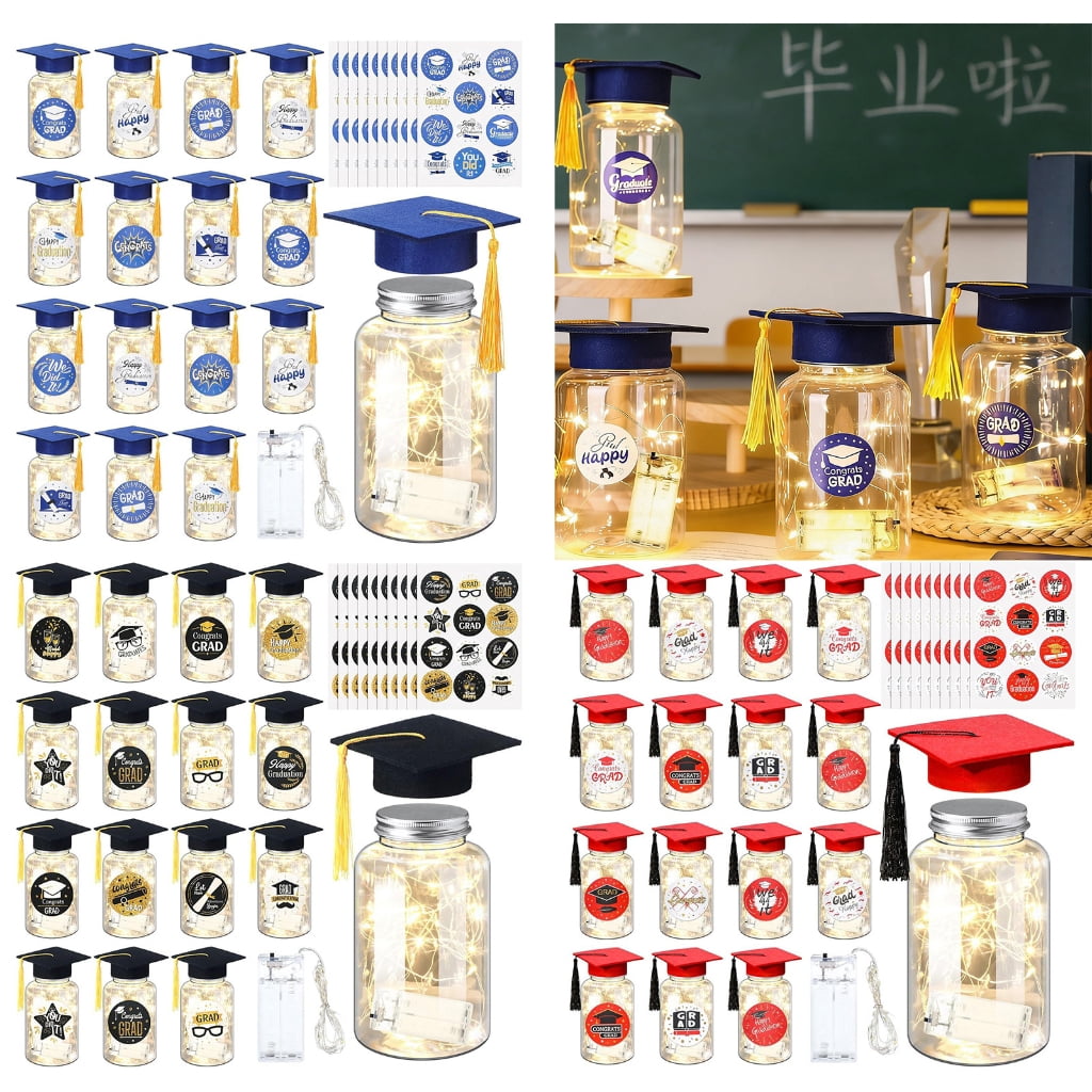 QueMer 2026 Graduation Centerpieces for Tables Light Up Masons Jar with Graduation Cap for College Congrats Grad Party Decors