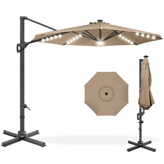 Best Choice Products 10ft 360-Degree Solar LED Lit Cantilever Patio Umbrella, Outdoor Hanging Shade - Tan