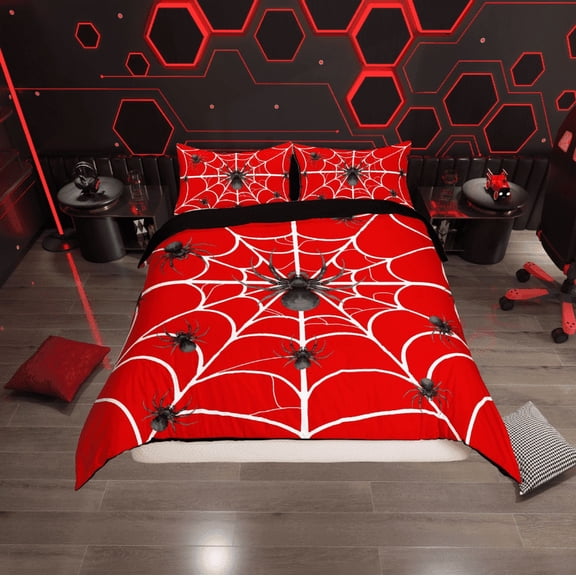 Erosebridal Boho Black Spider Duvet Cover Twin, White Spider Web Bedding Sets Twin Size, Red Halloween Bedroom Decor, Reversible 2 Pieces (No Comforter)