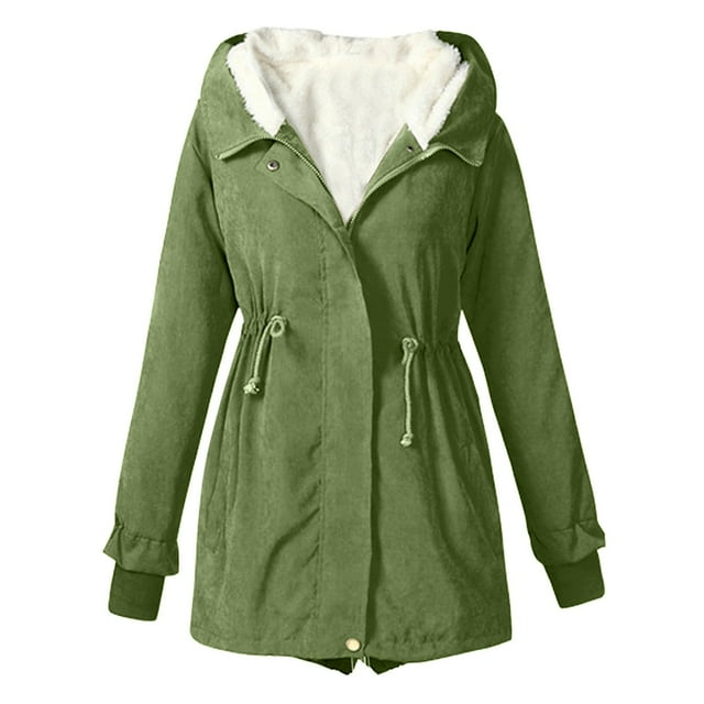 WEIYLL Womens Fleece Jackets Warm Solid Color Hooded Zipper Pockets Army Green Fall Tops Size 2XL