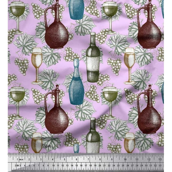Soimoi Georgette Viscose Fabric Wine Bottle,Leaves & Grapes Fruits Fabric Prints By Yard 42 Inch Wide