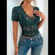 thumbnail image 5 of Tops Cortos de Encaje de Corta con Cuello en V para Mujer, Camiseta de Transparente de Corte Entallado, Atuendo de Verano Y2K Verde Oscuro M, 5 of 6